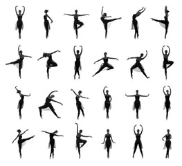 Different ballet poses. Silhouettes isolated on white