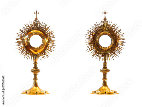 Liturgical vessel gold monstrance - isolated photo