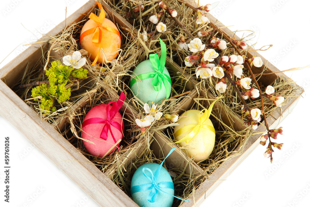 Easter eggs in wooden box with hay isolated on white Easter eggs in wooden box with hay isolated on white