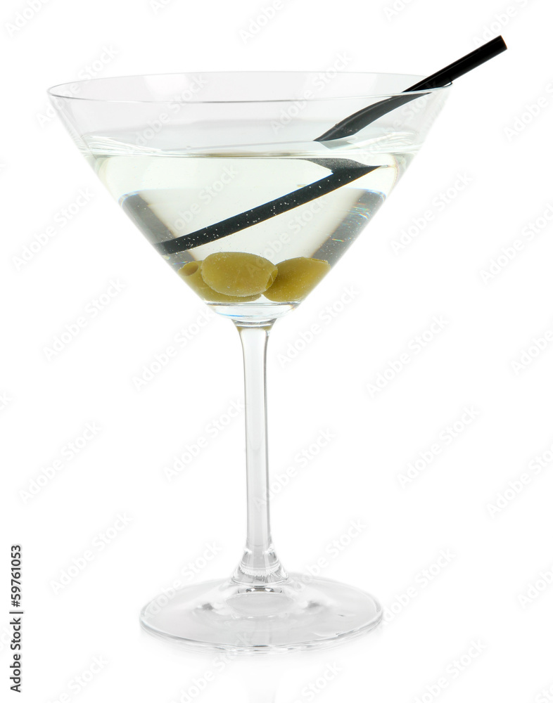 Martini glass with olives isolated on white.