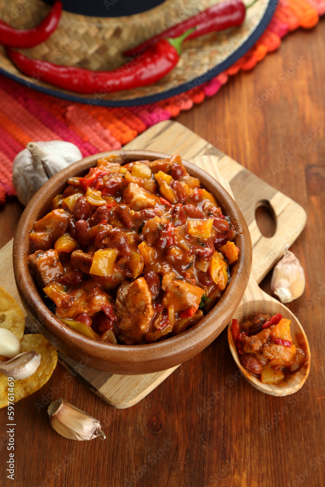 Chili Corn Carne - traditional mexican food, in wooden bowl, Chili Corn Carne - traditional mexican food, in wooden bowl,