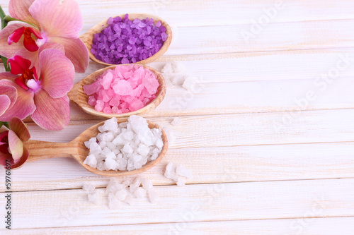 Fototapeta Naklejka Na Ścianę i Meble -  Still life with beautiful blooming orchid flower  and wooden