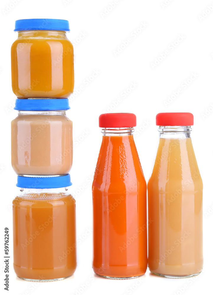 Baby food in glass jars, isolated on white Baby food in glass jars, isolated on white
