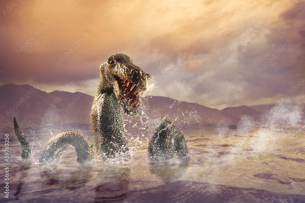 Obraz premium Scary Loch Ness Monster emerging from water