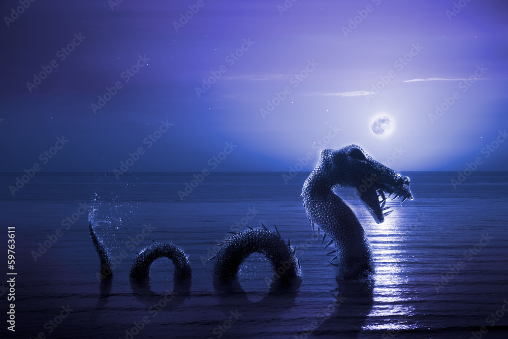 Obraz premium Straszny potwór z Loch Ness wyłaniający się z wody
