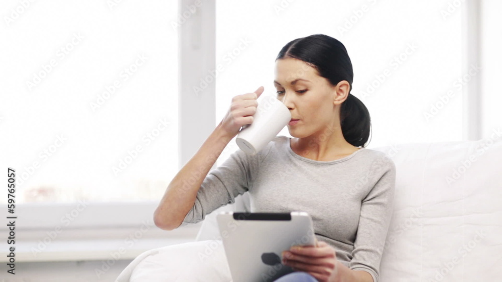 smiling woman with tablet pc computer and cup smiling woman with tablet pc computer and cup