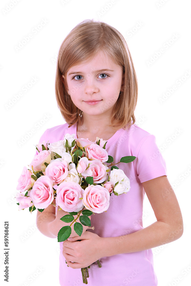 Beautiful little girl holding bouquet isolated on white Beautiful little girl holding bouquet isolated on white