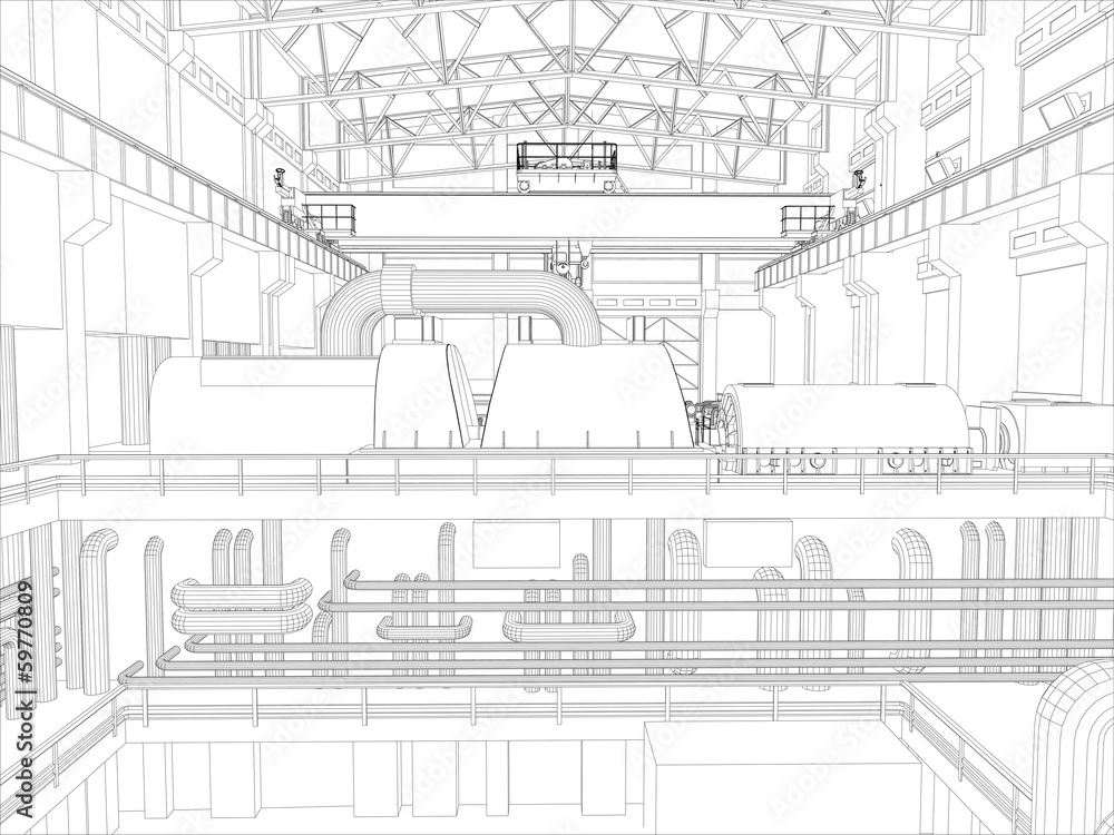 Gantry crane in a factory environment. Wire-frame. Vector format