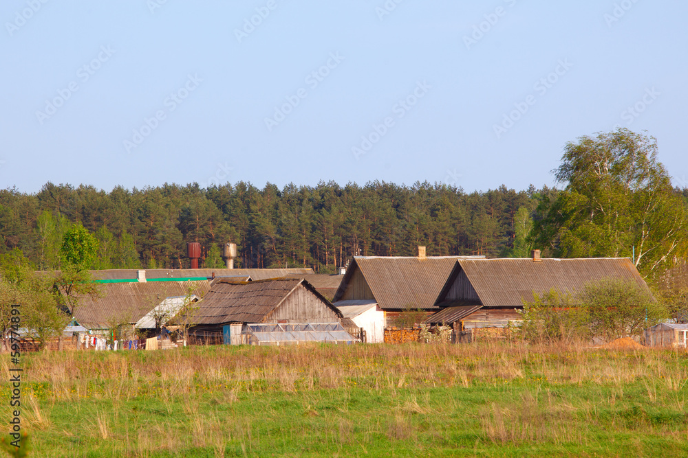 Village in spring rural landscape