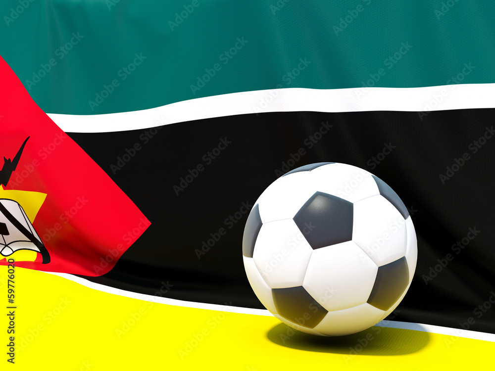 Flag of mozambique with football in front of it Flag of mozambique with football in front of it