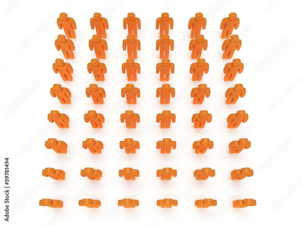 Group of stylized orange people stand on white