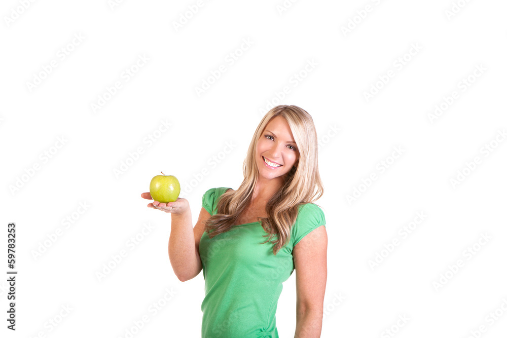 Head shot of woman holding apple against white background Head shot of woman holding apple against white background