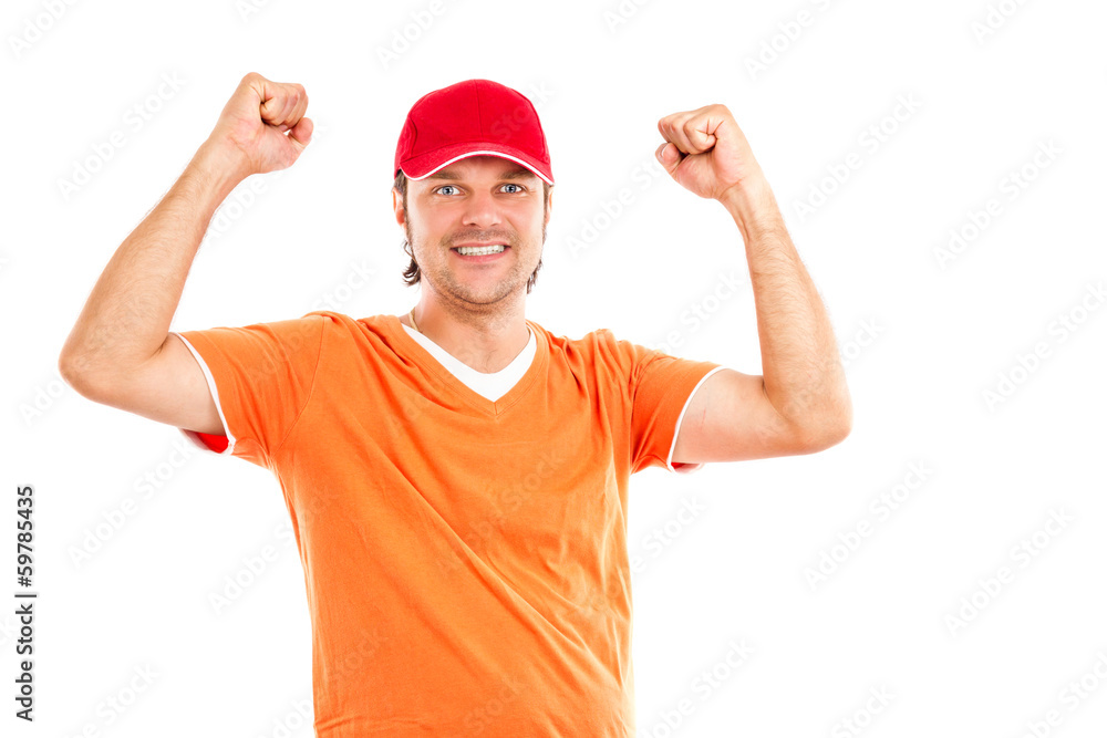 Portrait of happy young man with hands lifted upwards isolated o