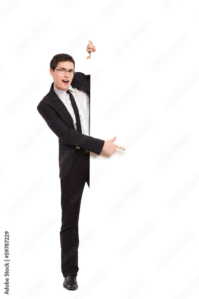 Shouting office worker pointing at white banner. Shouting office worker pointing at white banner.