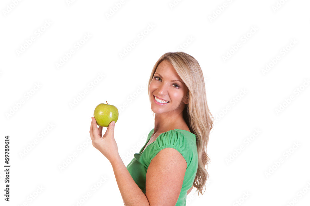 Head shot of woman holding apple against white background Head shot of woman holding apple against white background