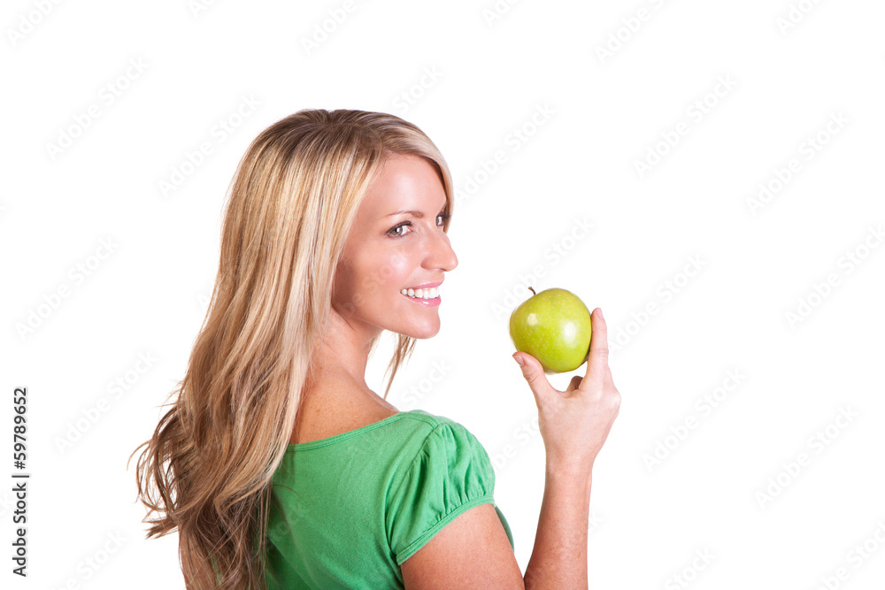 Head shot of woman holding apple against white background Head shot of woman holding apple against white background