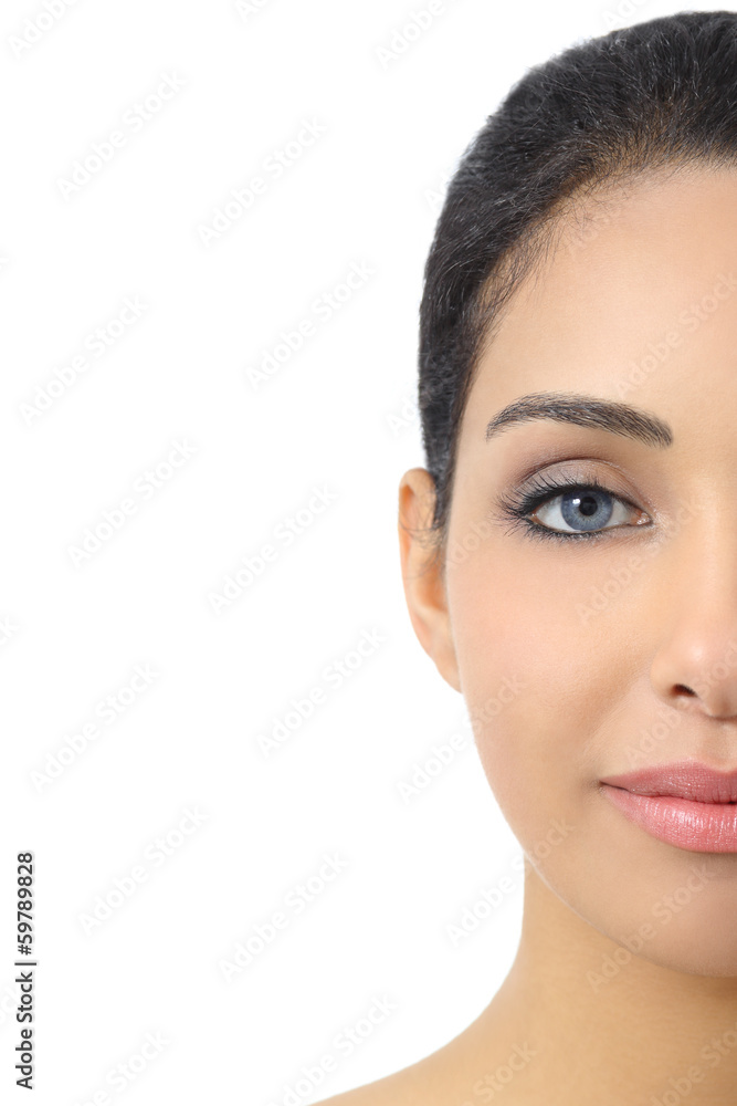 Facial half portrait of a woman smooth face and blue eyes