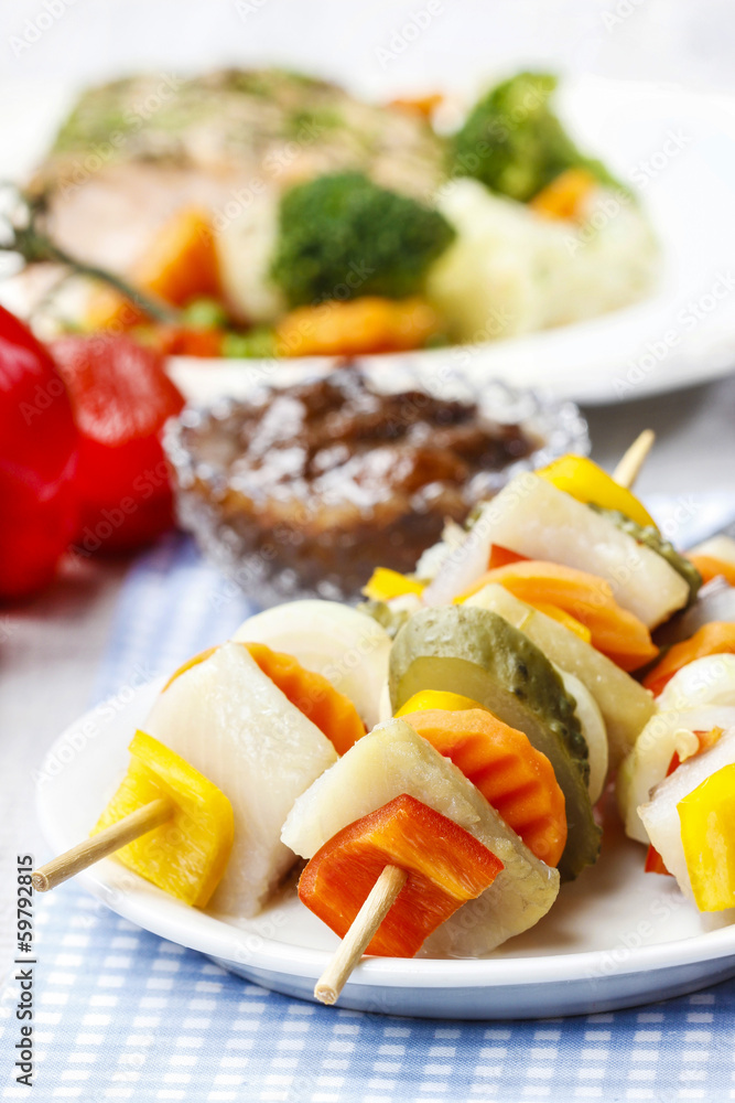 Shashlik made of fish and vegetables, party snack Shashlik made of fish and vegetables, party snack