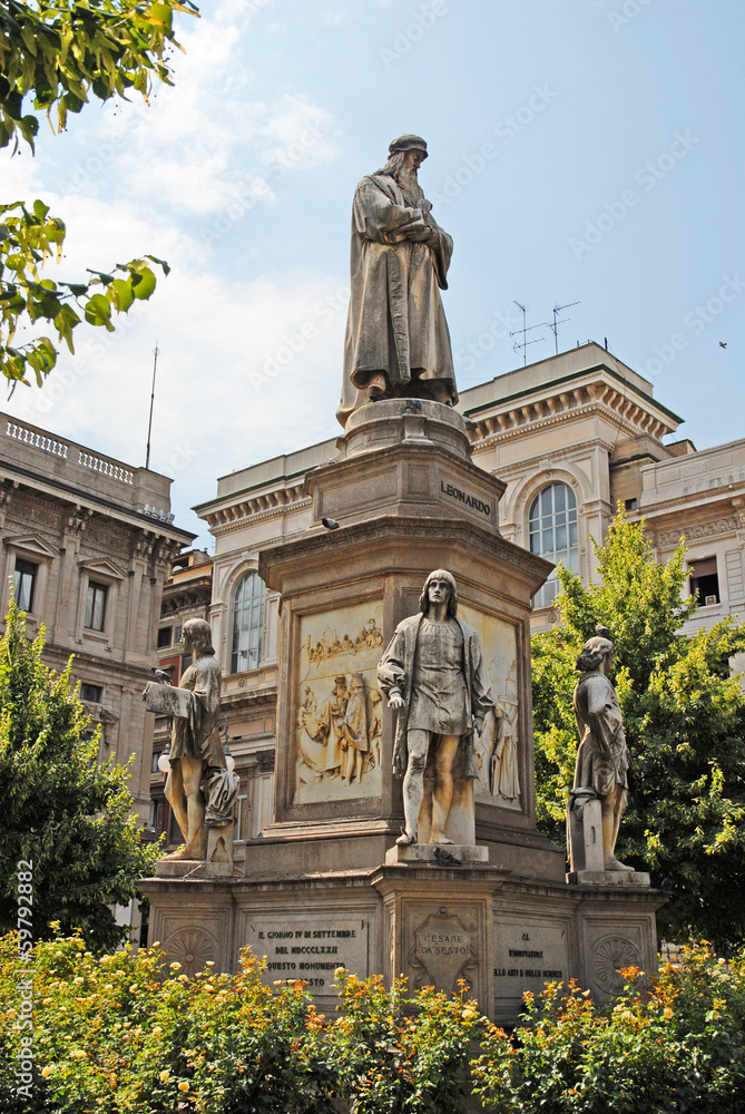 Milan, Leonardo Da Vinci monument in Piazza della Scala