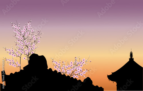 pagoda in pink spring flowers