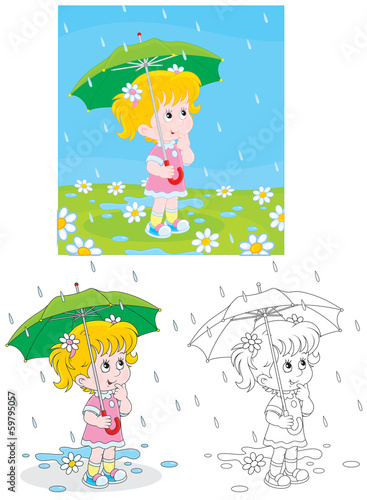Little girl with an umbrella under rain