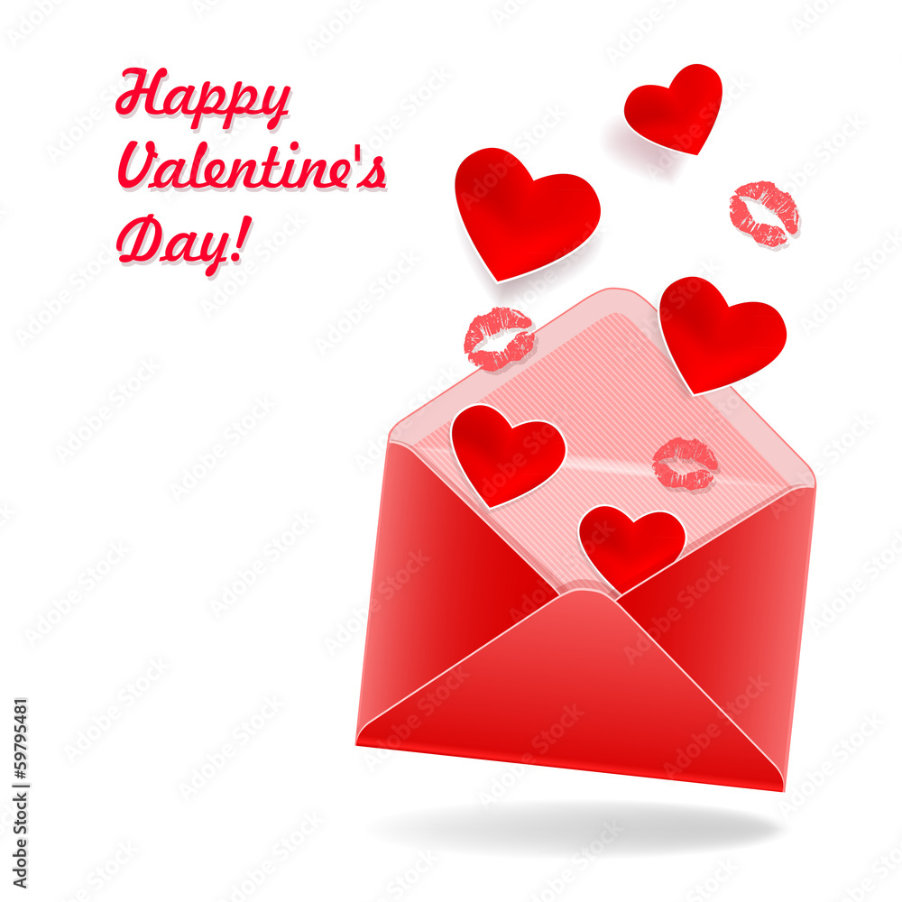 Red envelope with hearts and kisses. Card Valentine's Day Red envelope with hearts and kisses. Card Valentine's Day