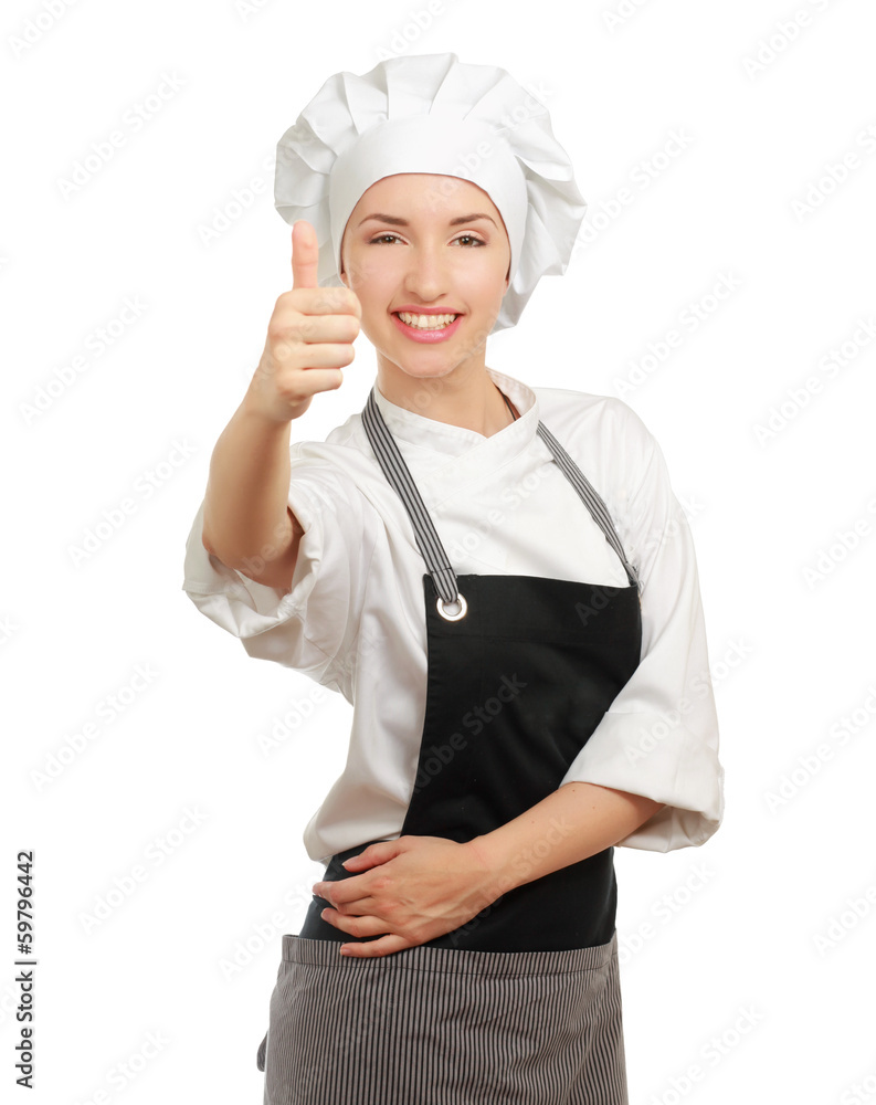 Attractive cook woman showing ok over white background. Attractive cook woman showing ok over white background.