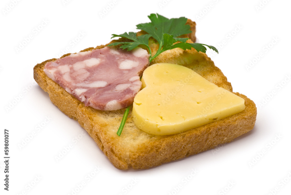 Toast with heart-shaped Sausage and Cheese isolated on white Toast with heart-shaped Sausage and Cheese isolated on white
