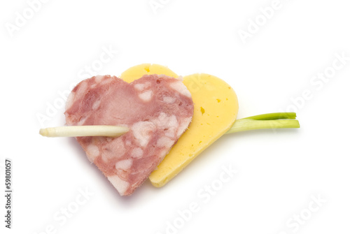 Heart-shaped Sausage and Cheese isolated on white