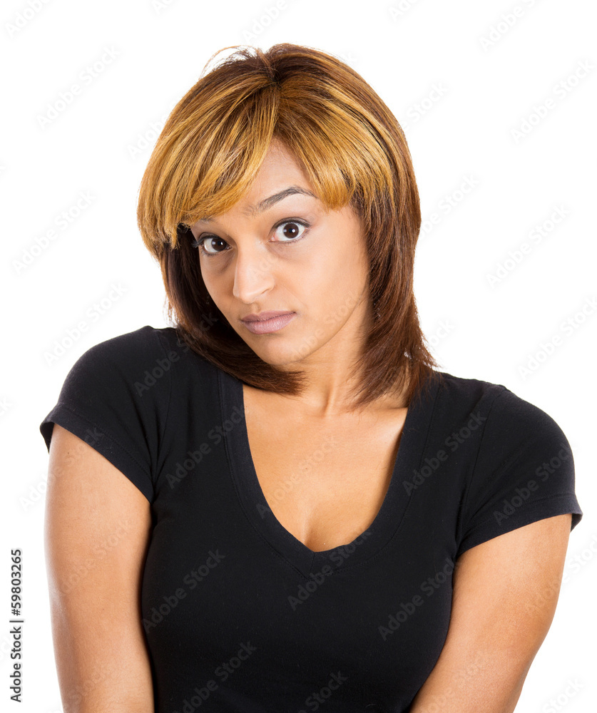 Portrait skeptical young lady, woman looking suspicious Portrait skeptical young lady, woman looking suspicious