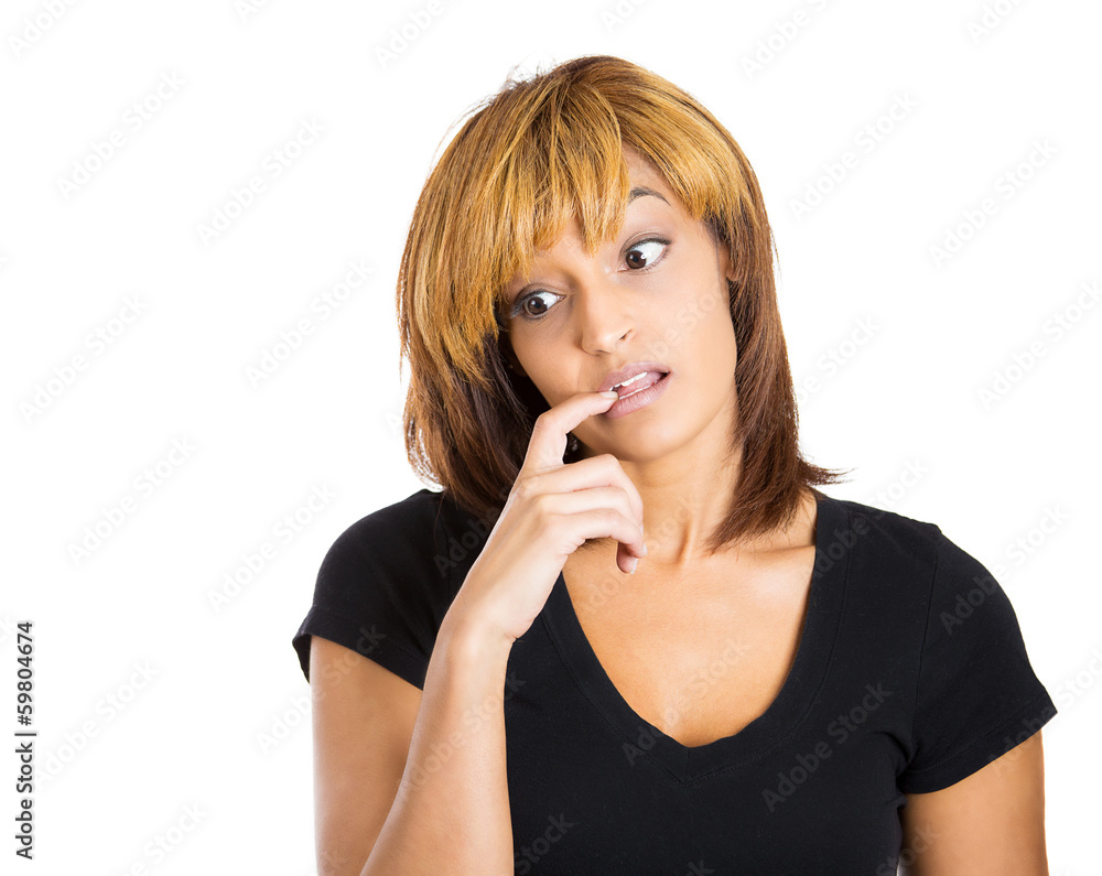 Portrait clueless woman with finger in mouth Portrait clueless woman with finger in mouth