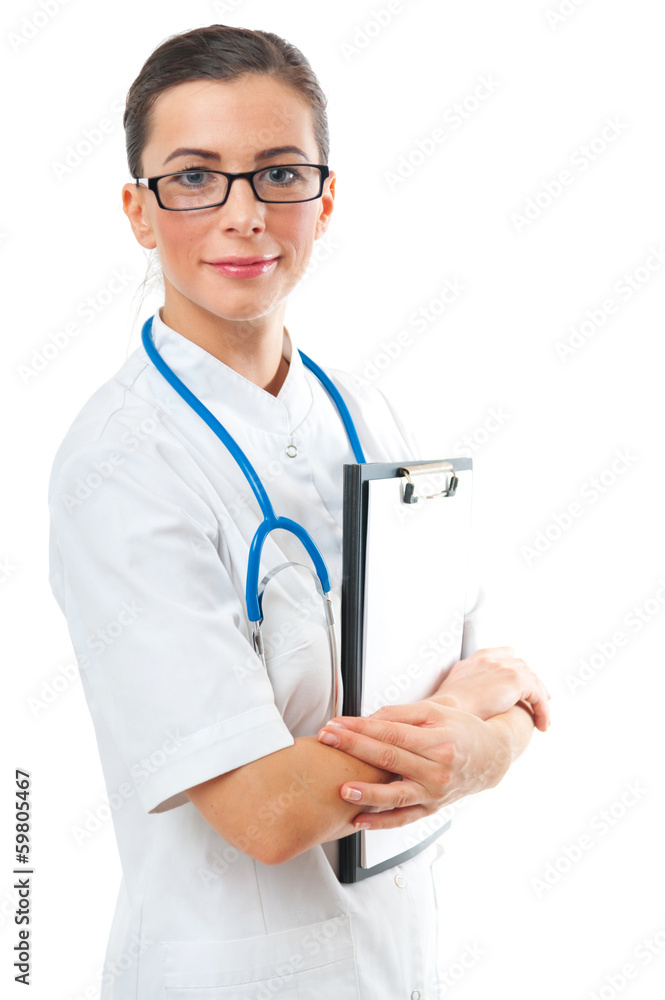Confident smiling woman doctor with clipboard Confident smiling woman doctor with clipboard