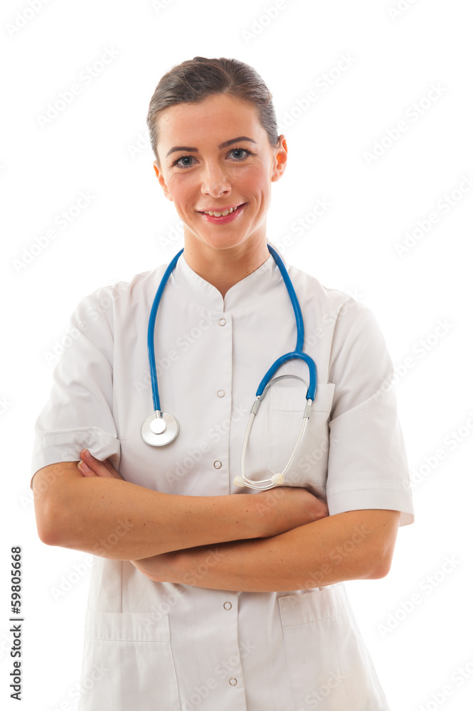 Woman doctor with arms crossed standing over white background Woman doctor with arms crossed standing over white background