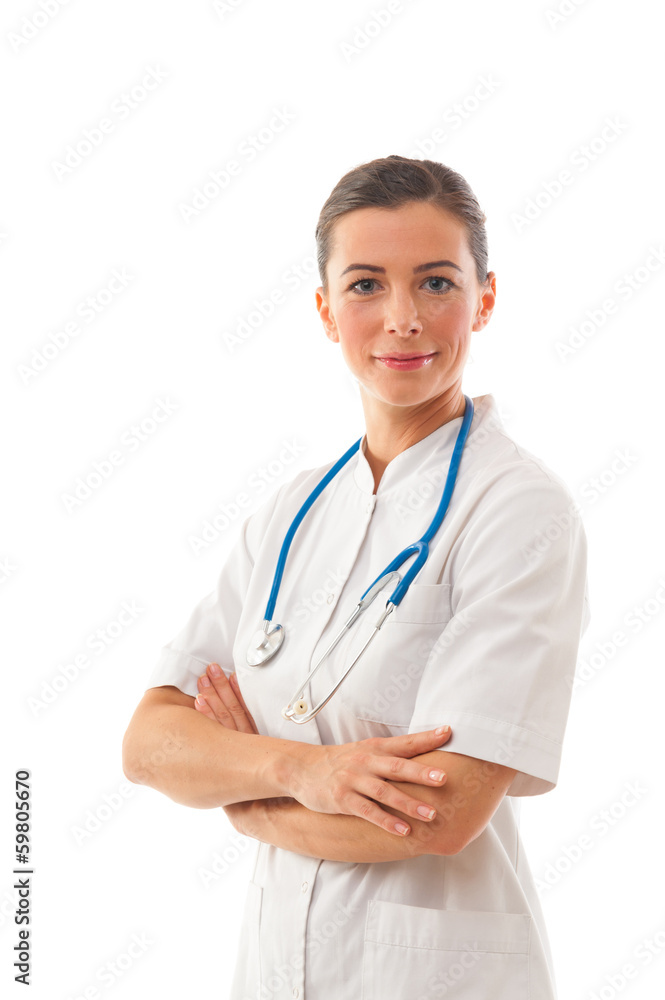 Woman doctor with arms crossed stands over white background Woman doctor with arms crossed stands over white background