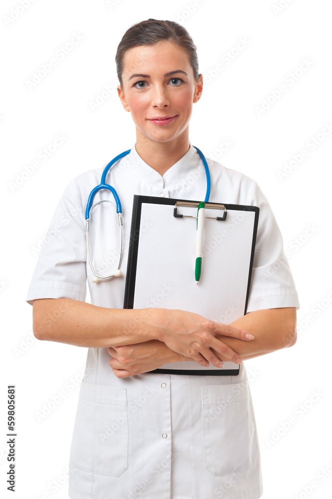 Woman doctor with stethoscope on neck and clipboard Woman doctor with stethoscope on neck and clipboard