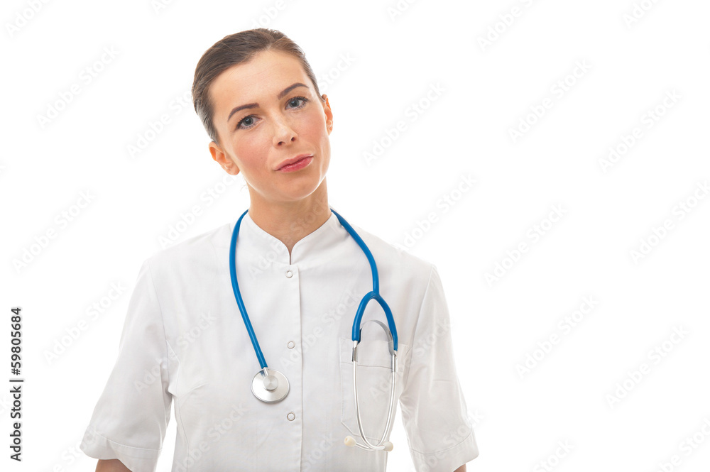 Woman doctor with stethoscope standing over white background