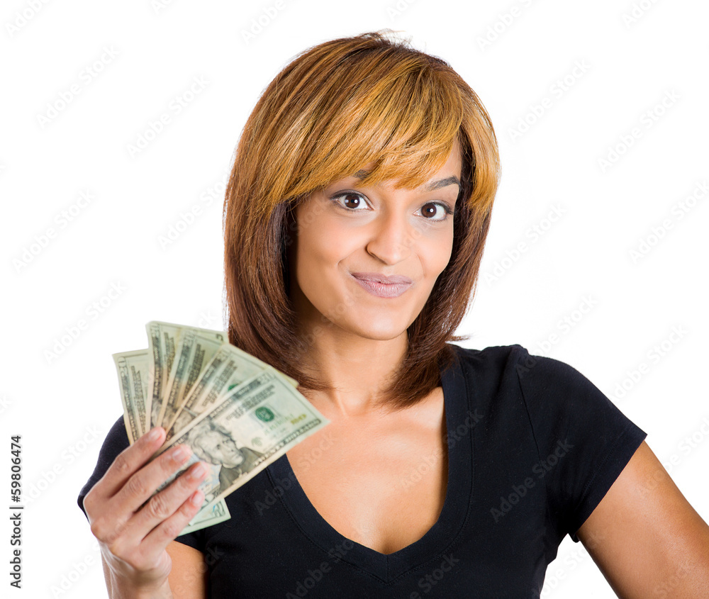 Happy young woman holding dollar bills, money, cash Happy young woman holding dollar bills, money, cash