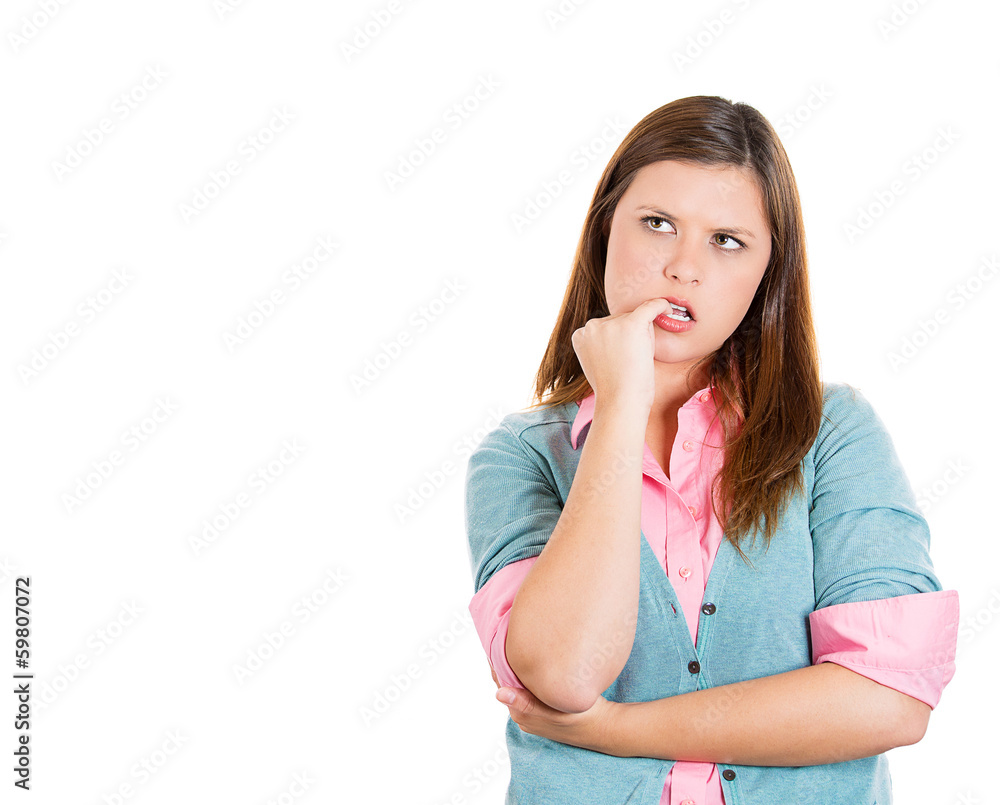 Unhappy, jealous, sad woman sucking up her thumb Unhappy, jealous, sad woman sucking up her thumb