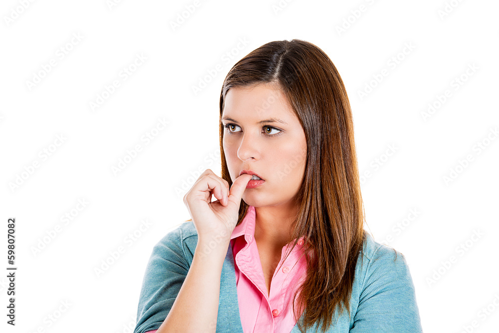 Clueless woman sucking up her thumb, procrastinating
