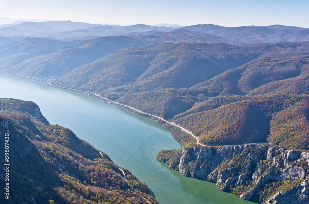 Hillsides over Danube river at Djerdap gorge and national park