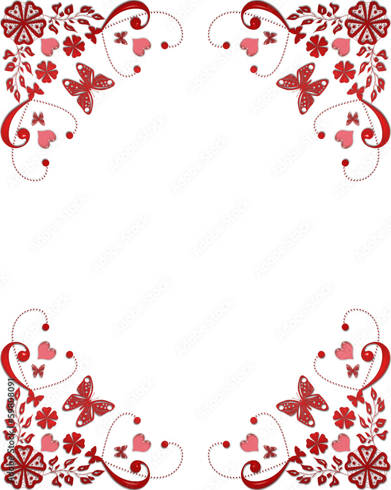 Red frame floral border with butterflies and hearts Red frame floral border with butterflies and hearts
