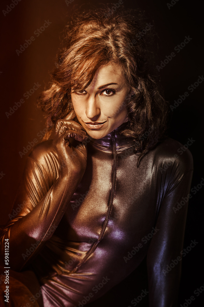 Sensual, Future women concept, black latex with neon lights Sensual, Future women concept, black latex with neon lights