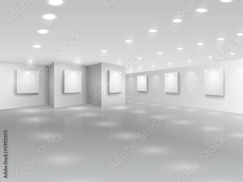 Realistic gallery hall with blank white canvases