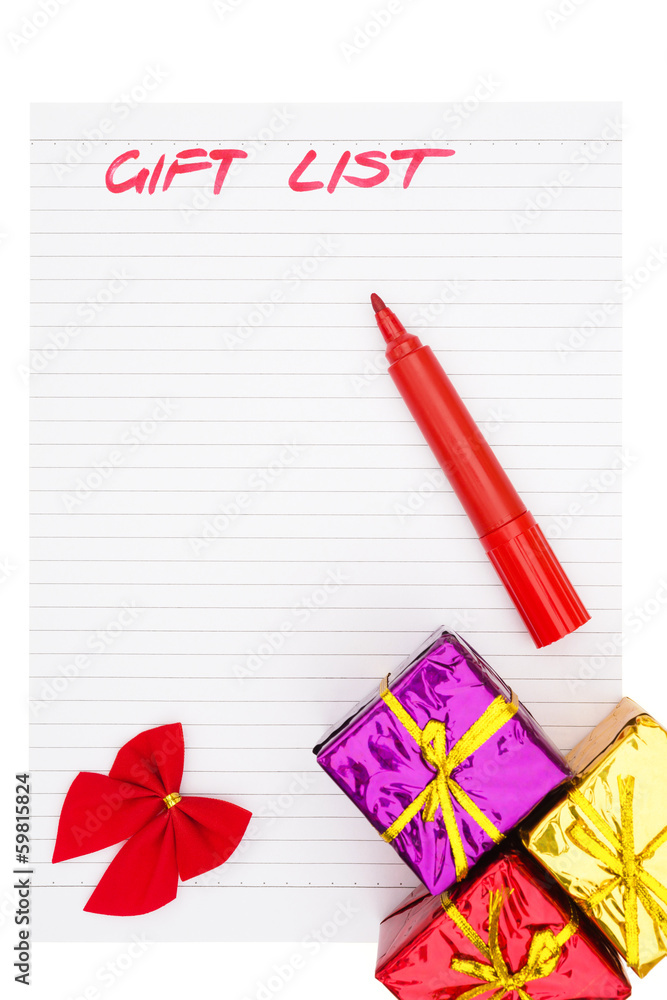 handwrtten gift list and presents with clipping path handwrtten gift list and presents with clipping path
