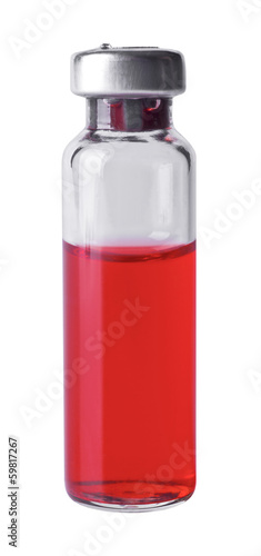 Medical vial with red contents isolated on white