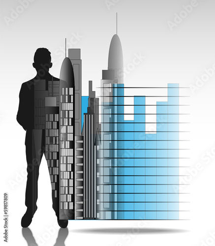 Illustration of business man with office skyline