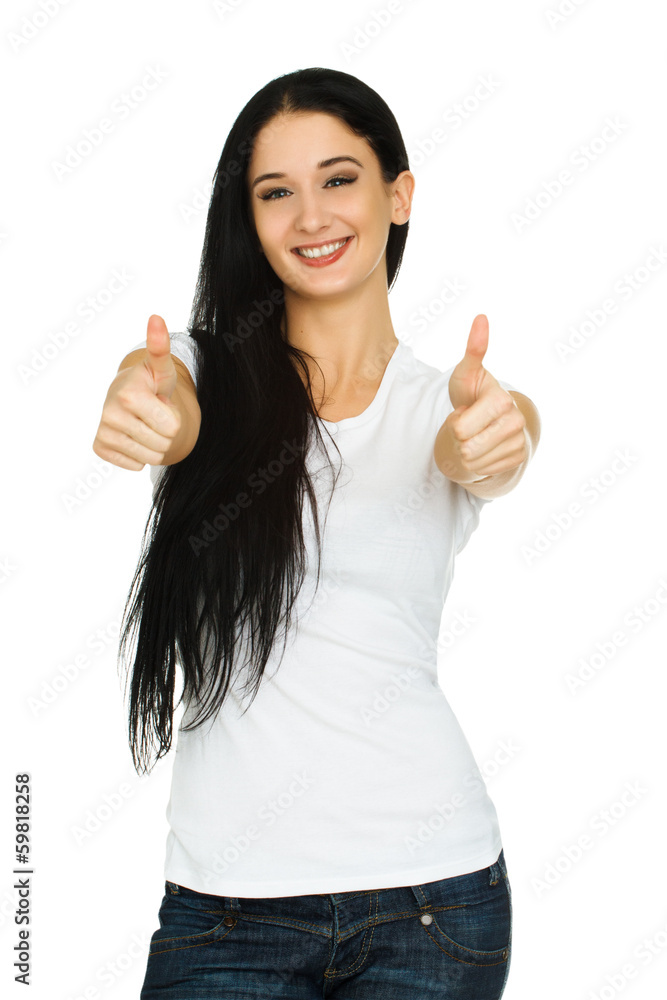 Smiling young woman with a blank white t-shirt isolated on white Smiling young woman with a blank white t-shirt isolated on white