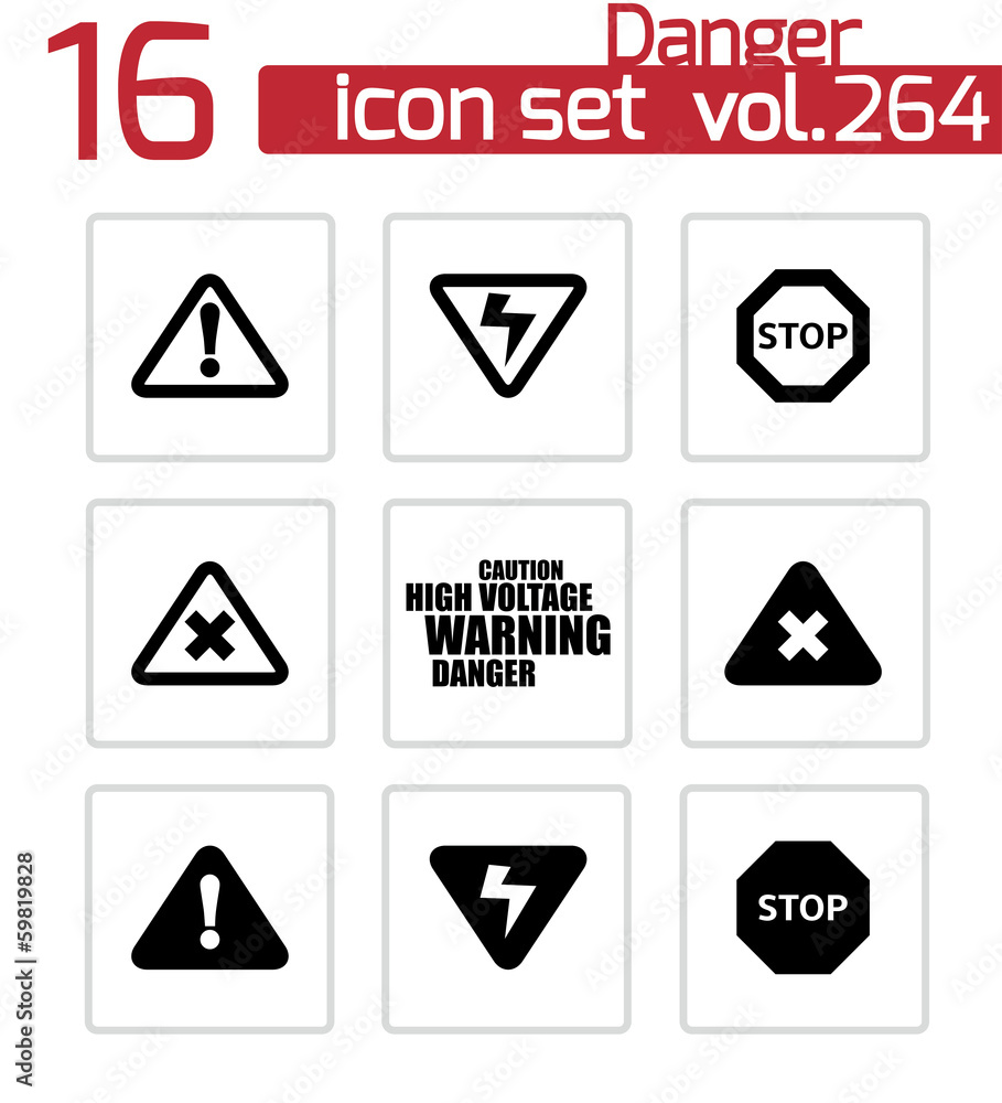 Vector black danger icons set Vector black danger icons set