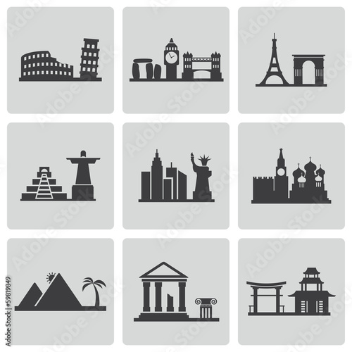 Vector black landmarks icons set