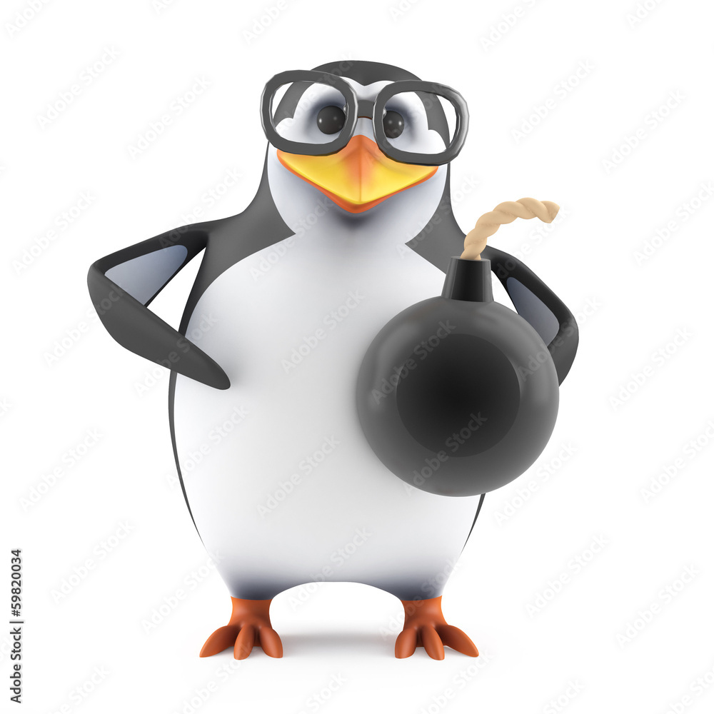 Obraz premium Academic penguin holds a bomb